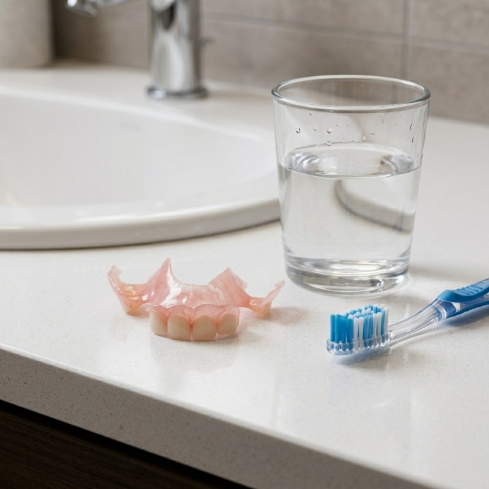 A flexible partial denture for upper teeth on a bathroom counter, with a glass of water and a toothbrush beside it.