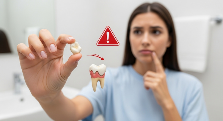 A person holding a fallen dental crown in their hand, looking uncertain, with a red warning symbol.