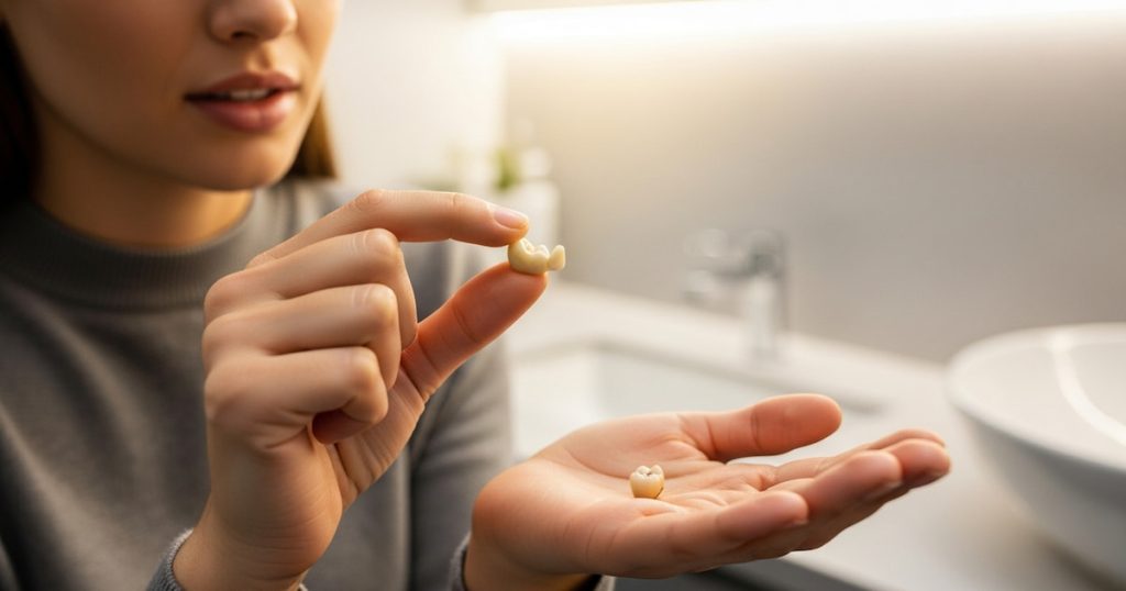 a person gently holding a fallen dental crown in their hand, and is concerned but calm.