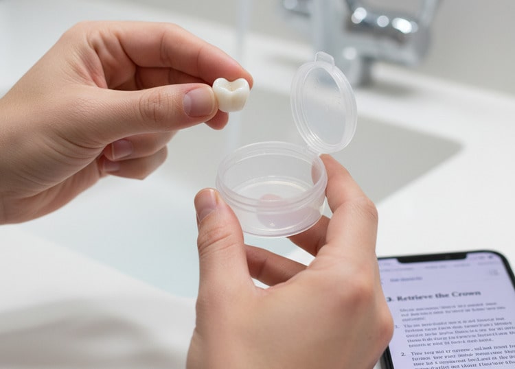 A person who is retrieving a fallen-off dental crown