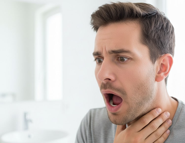 a man who is swallowing his dental crown