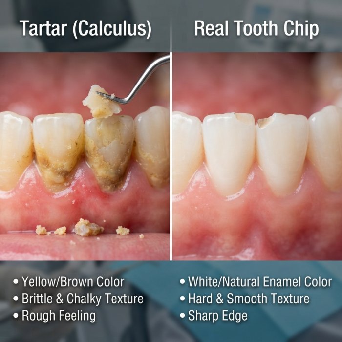 Comparison of tartar vs real tooth chip with explanations below each