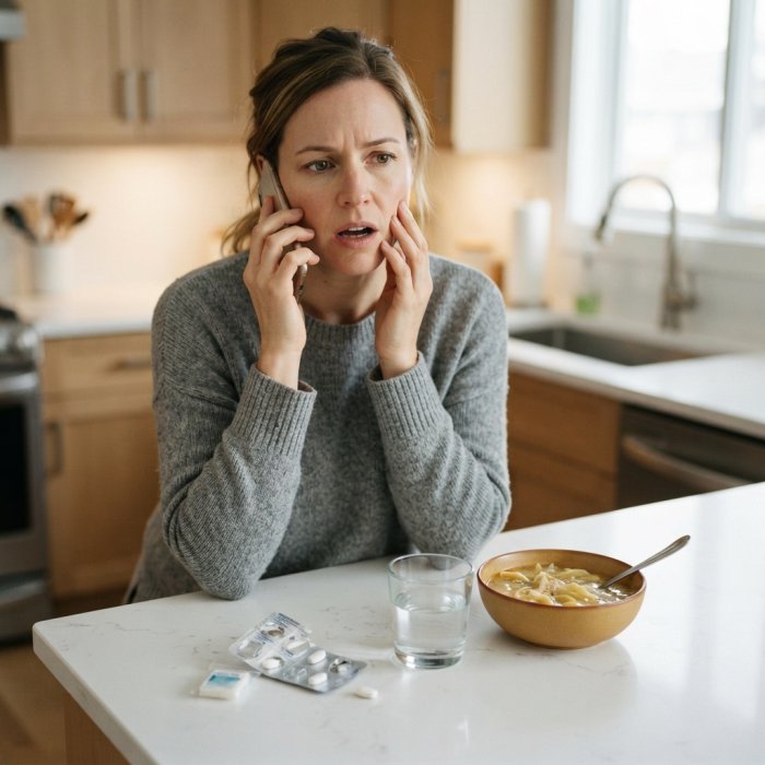 A woman in her kitchen talking to her dentist about a chipped tooth, with water, pain medication, and soft food on the counter in front of her